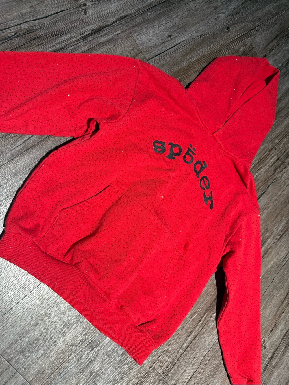 Red rhinestone spider worldwide Hoodie with Black Logo